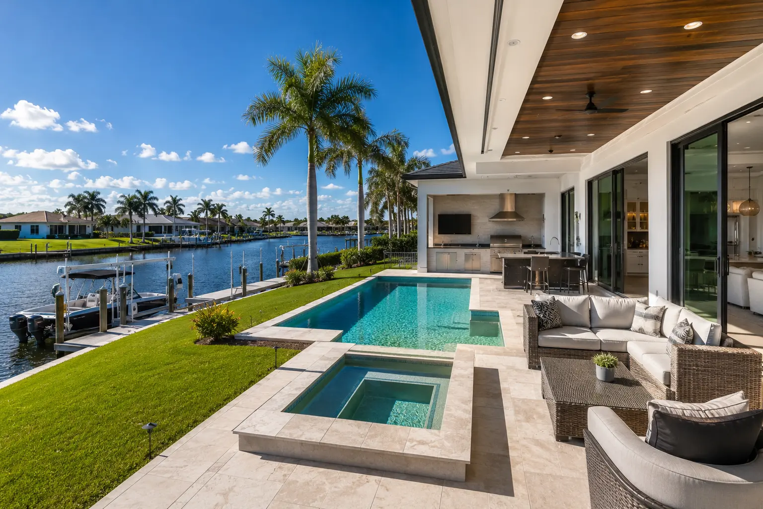 Cape Coral waterfront home with dock boat lift and seawall infrastructure