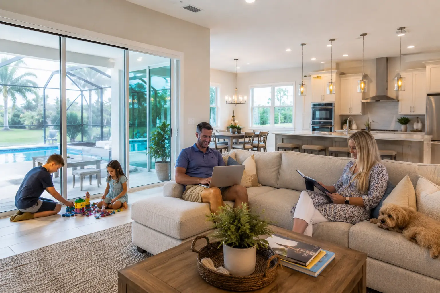 Retiring couple building a Gulf-access waterfront home in Cape Coral with dock boat lift pool and outdoor living area