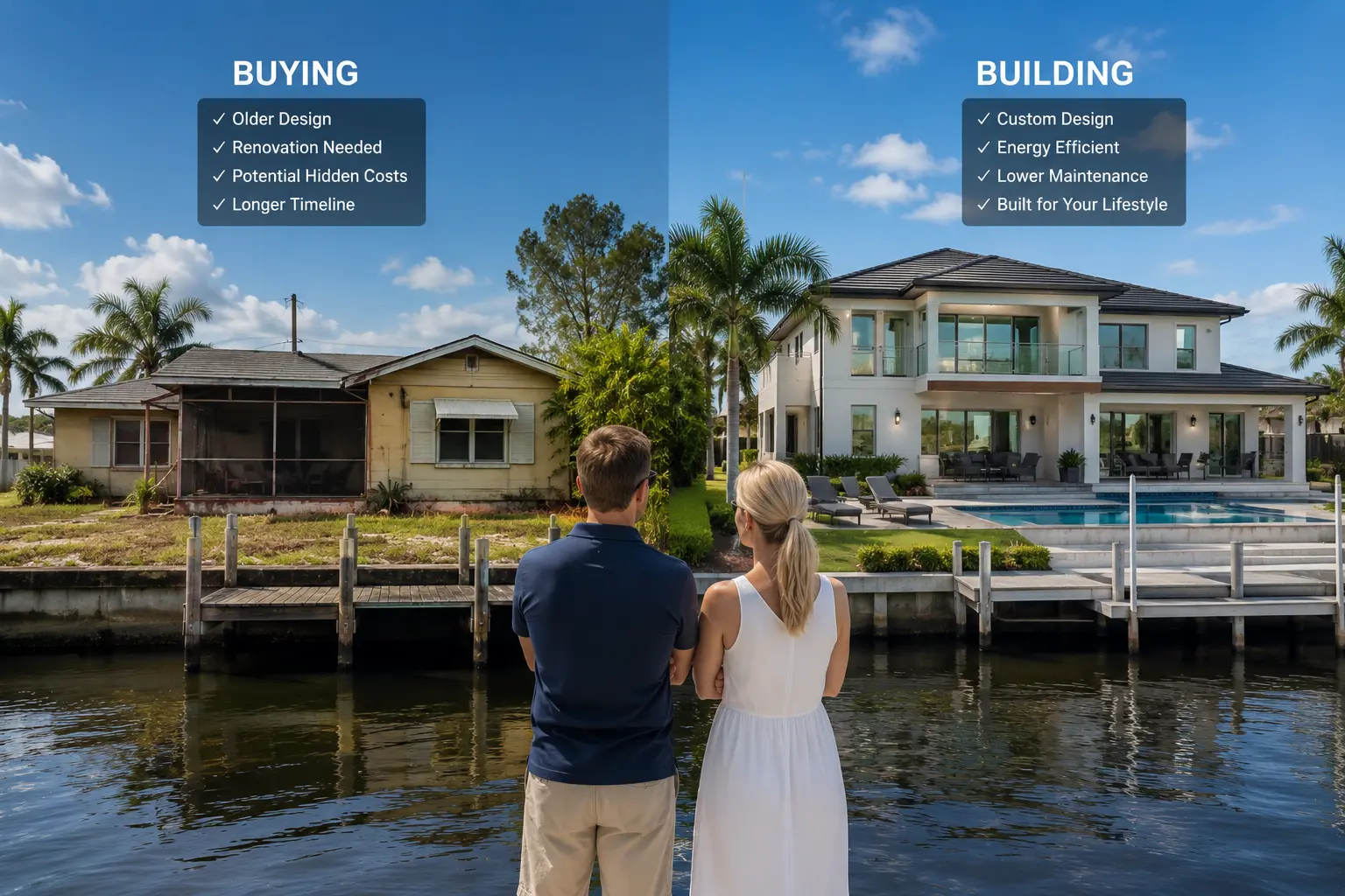 Cape Coral build versus buy case study comparing older waterfront home costs with new construction long-term value