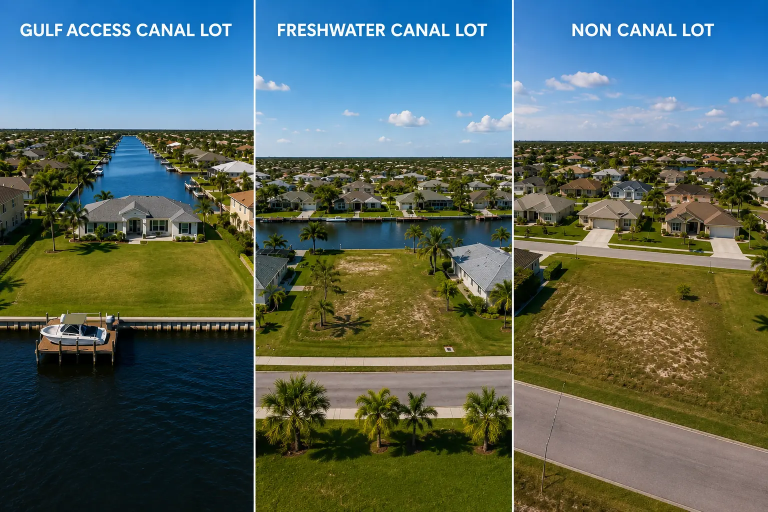 Cape Coral lot types including saltwater canal lots freshwater canal lots and non-canal residential lots