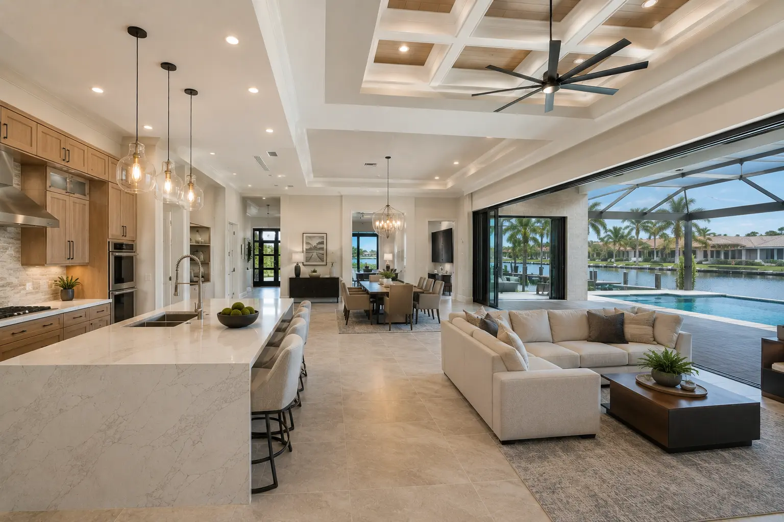Modern Cape Coral kitchen layout with large island open sight lines pantry and entertaining space