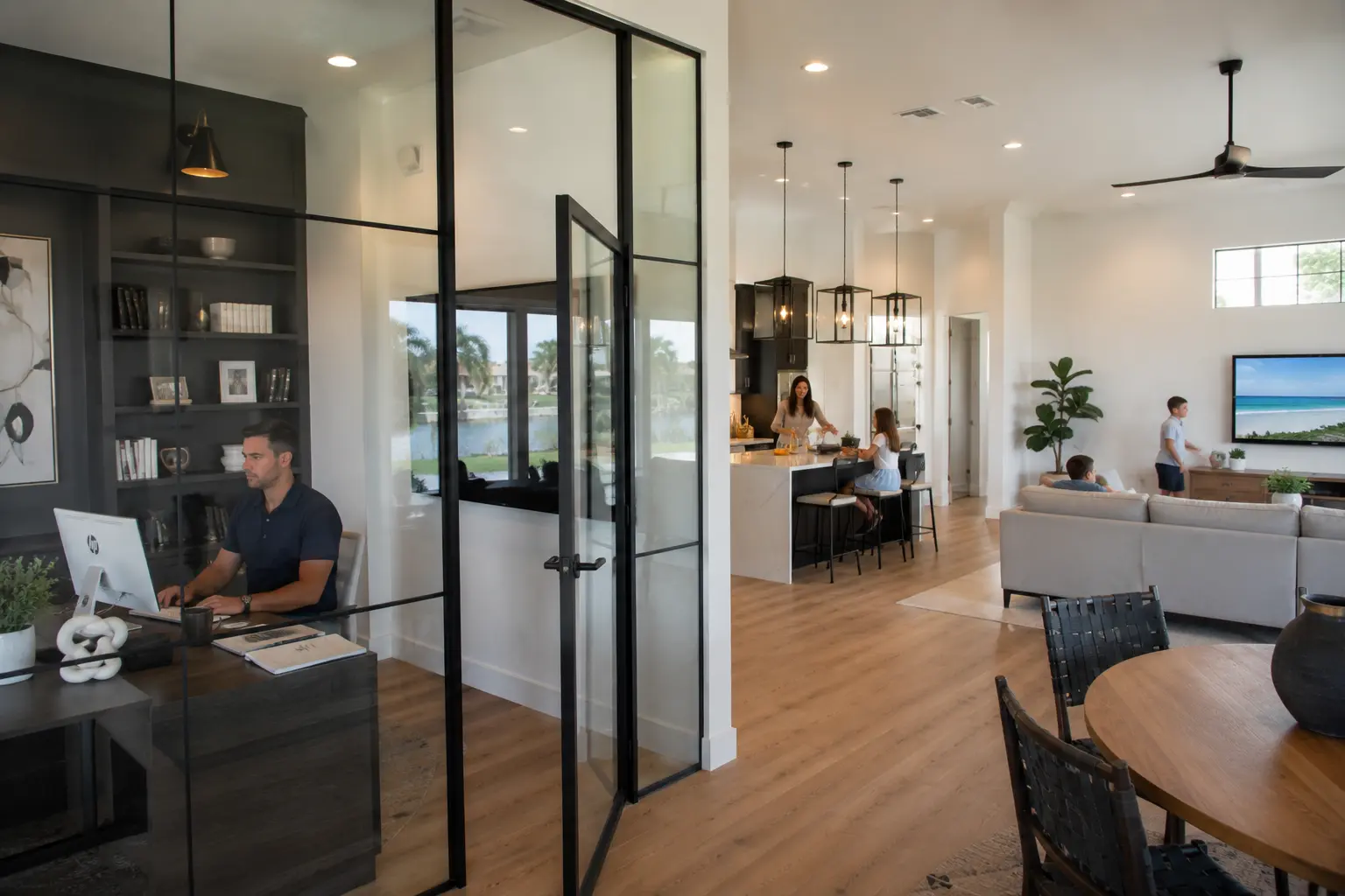 Modern Cape Coral floor plan with open living areas home office and spacious primary suite