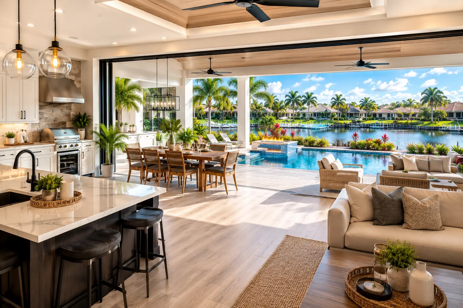 Modern Florida outdoor living layout in Cape Coral with large lanai outdoor kitchen pool and sliding glass doors