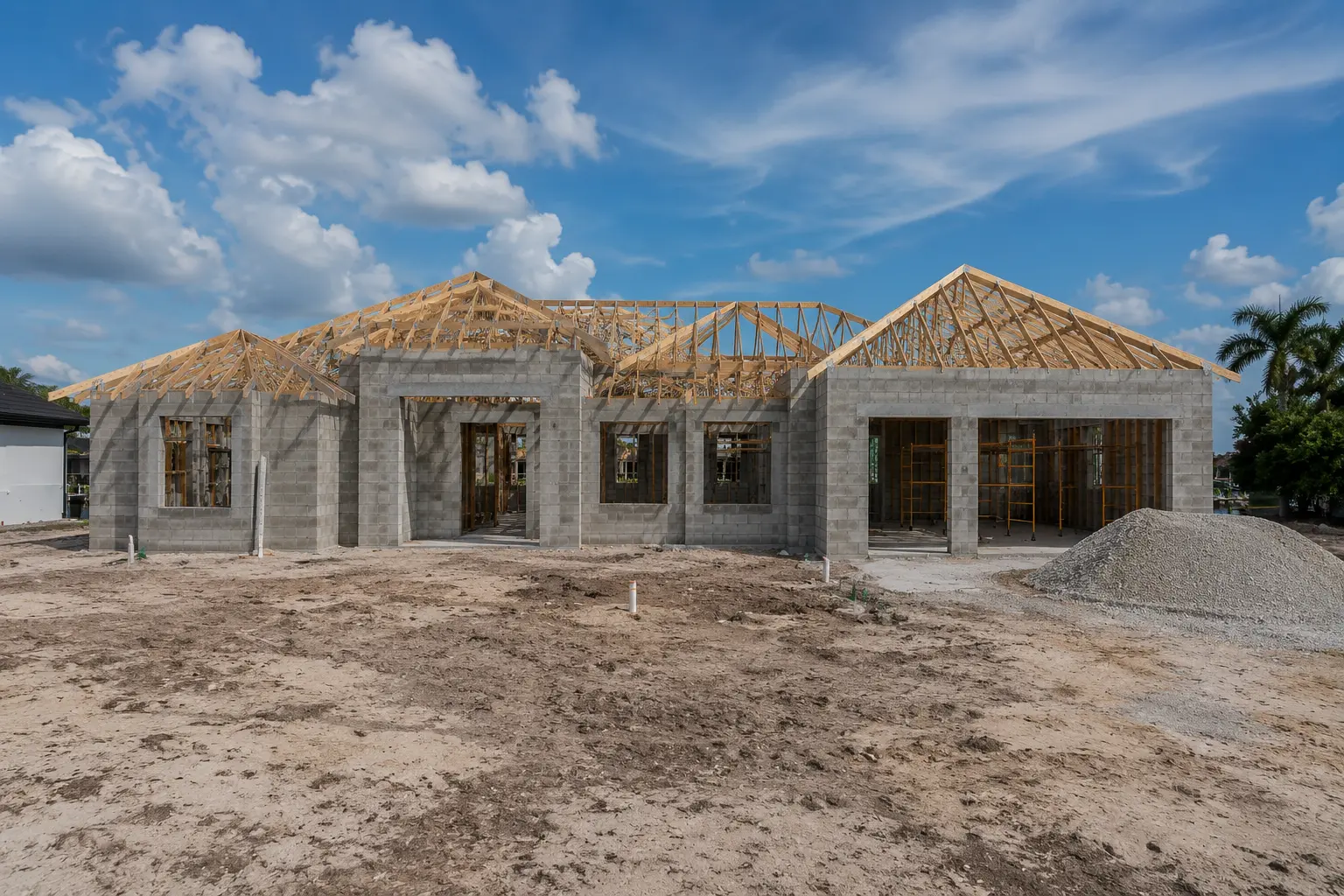 Cape Coral new construction site preparation foundation and concrete block structural construction